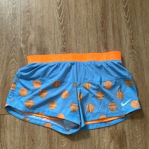 Nike dri-fit blue and orange polka dot double layered shorts
